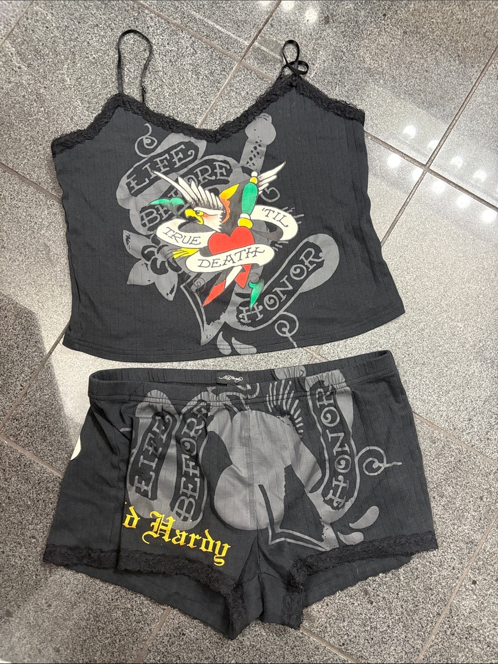 Ed Hardy Black Tattoo-Graphic Lace Trim Cami Set